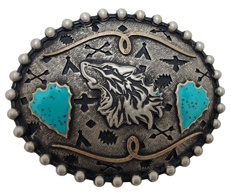 Our Spirit Wolf Buckle represents the wolf and symbolizes an intriguing mix of power, loyalty, guardianship, teamwork and wildness. Wolves are extremely intuitive and have an almost supernatural instinct that can detect dangerous situations. Available at our Smyrna, TN shop just outside of Nashville.
Fit's 1 1/2" belts
approx. 3x4"