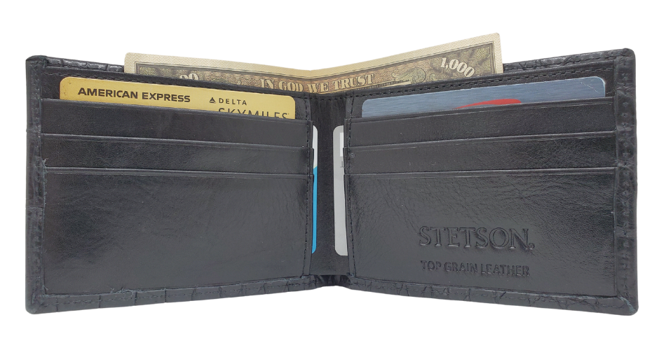 Fully Licensed Stetson Logo Bifold Wallet. Made from Cognac Brown Croc or Black print cowhide leather so good it's really hard to tell the difference from the real thing! Classic Bifold design on the inside made from soft durable cowhide leather. Featuring 6 card slots along 2 underside pockets, large cash slot. In stock at our Smyrna, TN retail store 30 min. from downtown Nashville. Imported.