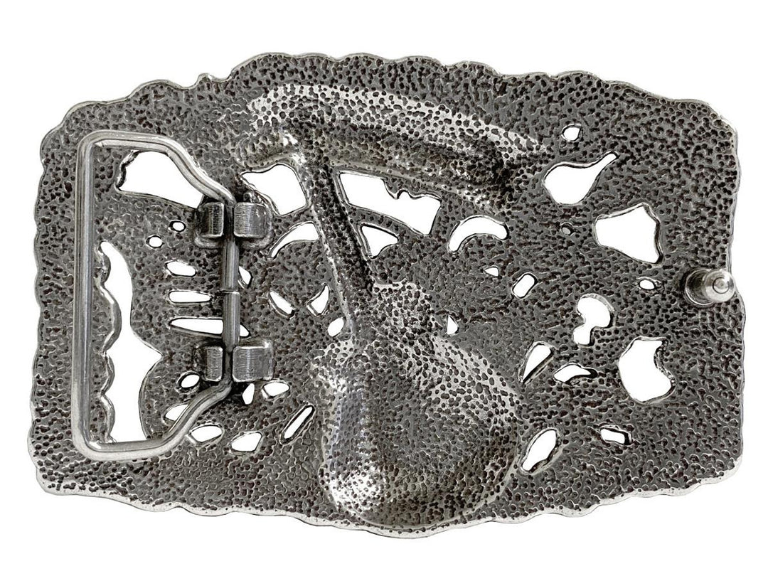 We named this after The 1973 concert featuring The Grateful Dead, Allman Brothers, &amp; The Band: and a HUGE crowd. The buckle has A Filigreed Butterfly, Peace signs, Les Paul guitar, Scroll and Flower designs in Antique Nickel color that looks great on plain 1 1/2" Black or Brown belt. A easy to wear oval shape that&