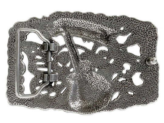 We named this after The 1973 concert featuring The Grateful Dead, Allman Brothers, &amp; The Band: and a HUGE crowd. The buckle has A Filigreed Butterfly, Peace signs, Les Paul guitar, Scroll and Flower designs in Antique Nickel color that looks great on plain 1 1/2" Black or Brown belt. A easy to wear oval shape that&