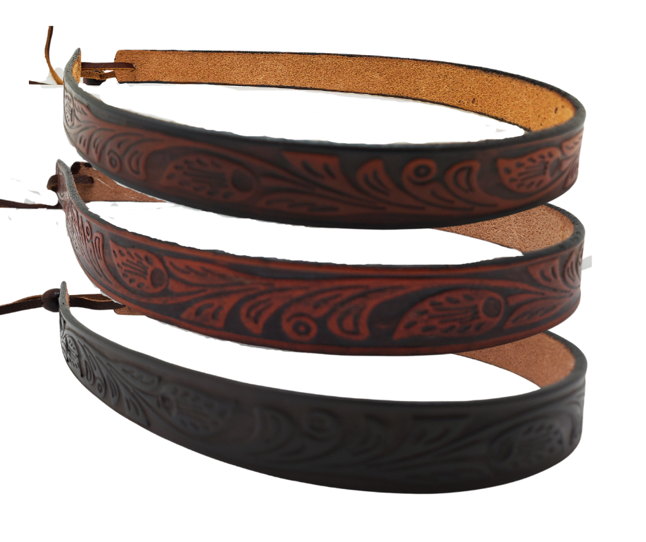 <p>Western patterns are timeless&nbsp; have become part of American and Western culture. Our <b><i>Embossed Hand stained</i></b> leather hatband is 3/4" wide by 23" (without tie string). Pick one or a few. Fit's most any hat with adjustable bead and leather 1/8" string. Will fit most TOP HAT style and WESTERN crowned hats. Made in our Smyrna, TN shop. (Hats sold separately)</p> <p>&nbsp;</p>