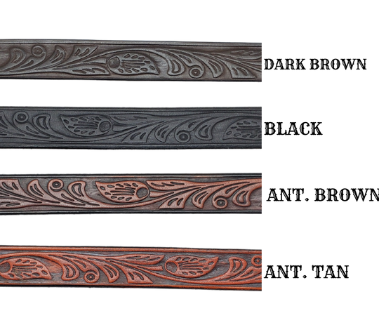 <p>Western patterns are timeless&nbsp; have become part of American and Western culture. Our <b><i>Embossed Hand stained</i></b> leather hatband is 3/4" wide by 23" (without tie string). Pick one or a few. Fit's most any hat with adjustable bead and leather 1/8" string. Will fit most TOP HAT style and WESTERN crowned hats. Made in our Smyrna, TN shop. (Hats sold separately)</p> <p>&nbsp;</p>