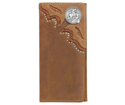Carry this handsome checkbook wallet, with Western flavored stitching. The Aged Bark colored leather, the Bronc concho in a studded, stitched frame. A unique tri-fold style set this one apart with a soft inside is built to fit 15 cards, checkbook, 2 cash slots, pen, ID window. It's sized at 6 3/4" tall by 3 3/4" wide. Available in our Smyrna, TN store, a short drive id your in Nashville visiting. Silver Creek is Made by Brighton.