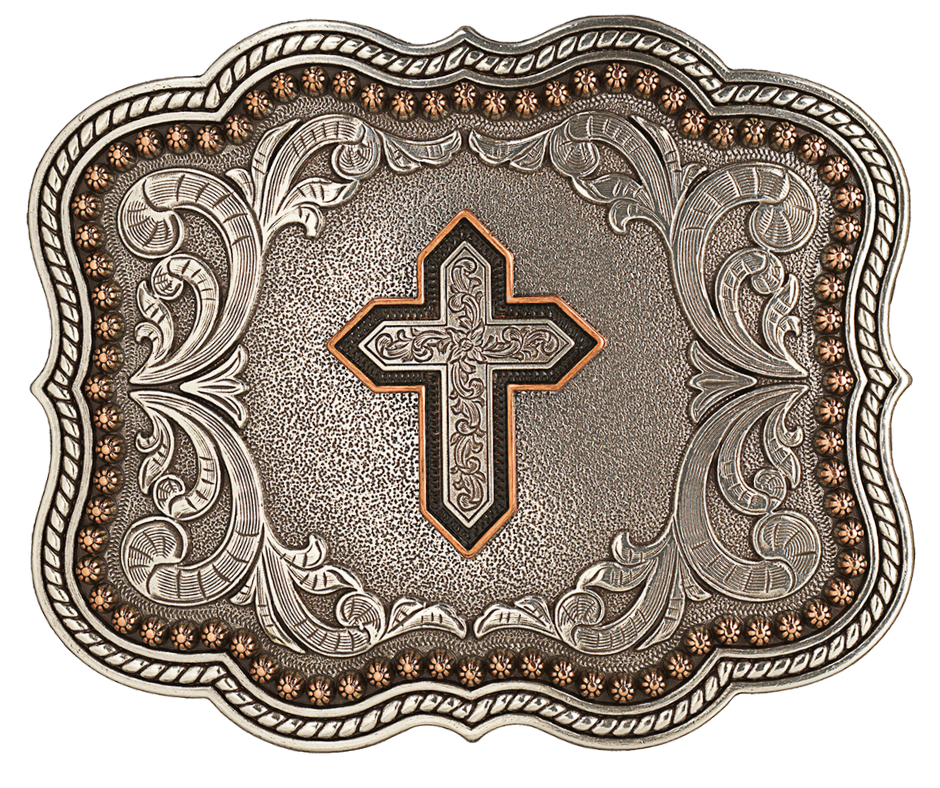 Western scrolls, rope and berry-designs on the border and a Cross in the center make this antique-silver & copper-accented buckle uniquely stylish. At 3" tall and 4" wide, it'll fit belts up to 1.5" wide. Swing by our Smyrna, TN store (just outside Nashville) to purchase yours - or find it on our online store! Imported