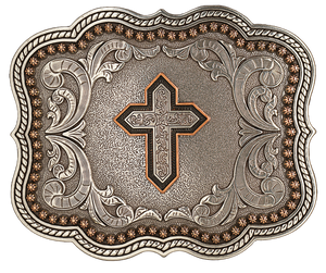 Western scrolls, rope and berry-designs on the border and a Cross in the center make this antique-silver & copper-accented buckle uniquely stylish. At 3" tall and 4" wide, it'll fit belts up to 1.5" wide. Swing by our Smyrna, TN store (just outside Nashville) to purchase yours - or find it on our online store! Imported