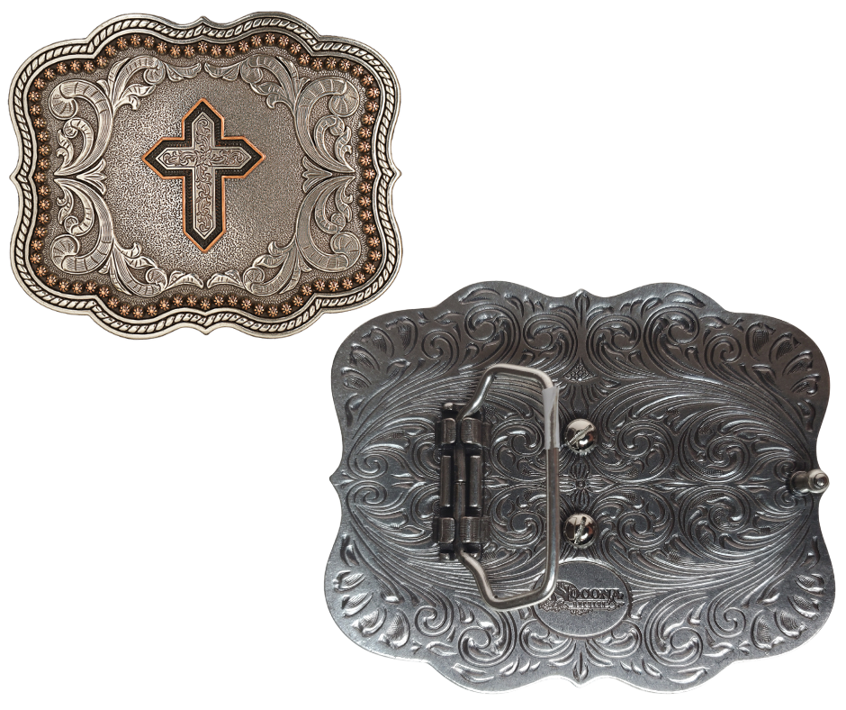 Western scrolls, rope and berry-designs on the border and a Cross in the center make this antique-silver & copper-accented buckle uniquely stylish. At 3" tall and 4" wide, it'll fit belts up to 1.5" wide. Swing by our Smyrna, TN store (just outside Nashville) to purchase yours - or find it on our online store! Imported