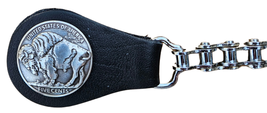 BUY 2 or more and SAVE! We call these our TITAN vest chains because of the large size conchos that are approximately DOUBLE sized! The screwed on conchos attach to a leather connector with snaps that fit most all vest. The Bike Style Chain also makes these unique to the typical traditional vest chains we offer. Ride on over to our Smyrna, TN store not far from Boswell&