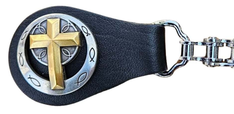 BUY 2 or more and SAVE! We call these our TITAN vest chains because of the large size conchos that are approximately DOUBLE sized! The screwed on conchos attach to a leather connector with snaps that fit most all vest. The Bike Style Chain also makes these unique to the typical traditional vest chains we offer. Ride on over to our Smyrna, TN store not far from Boswell&