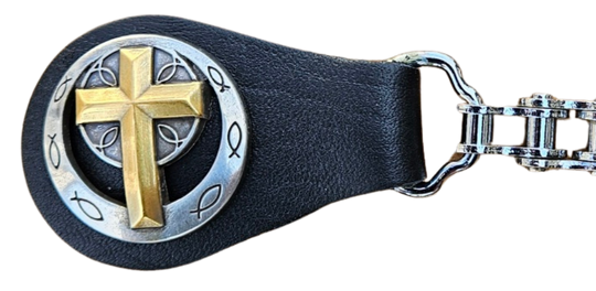 BUY 2 or more and SAVE! We call these our TITAN vest chains because of the large size conchos that are approximately DOUBLE sized! The screwed on conchos attach to a leather connector with snaps that fit most all vest. The Bike Style Chain also makes these unique to the typical traditional vest chains we offer. Ride on over to our Smyrna, TN store not far from Boswell&