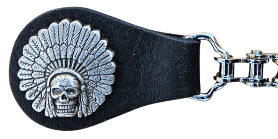 BUY 2 or more and SAVE! We call these our TITAN vest chains because of the large size conchos that are approximately DOUBLE sized! The screwed on conchos attach to a leather connector with snaps that fit most all vest. The Bike Style Chain also makes these unique to the typical traditional vest chains we offer. Ride on over to our Smyrna, TN store not far from Boswell&
