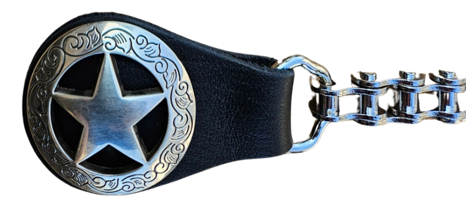 BUY 2 or more and SAVE! We call these our TITAN vest chains because of the large size conchos that are approximately DOUBLE sized! The screwed on conchos attach to a leather connector with snaps that fit most all vest. The Bike Style Chain also makes these unique to the typical traditional vest chains we offer. Ride on over to our Smyrna, TN store not far from Boswell&