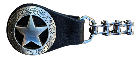 BUY 2 or more and SAVE! We call these our TITAN vest chains because of the large size conchos that are approximately DOUBLE sized! The screwed on conchos attach to a leather connector with snaps that fit most all vest. The Bike Style Chain also makes these unique to the typical traditional vest chains we offer. Ride on over to our Smyrna, TN store not far from Boswell&