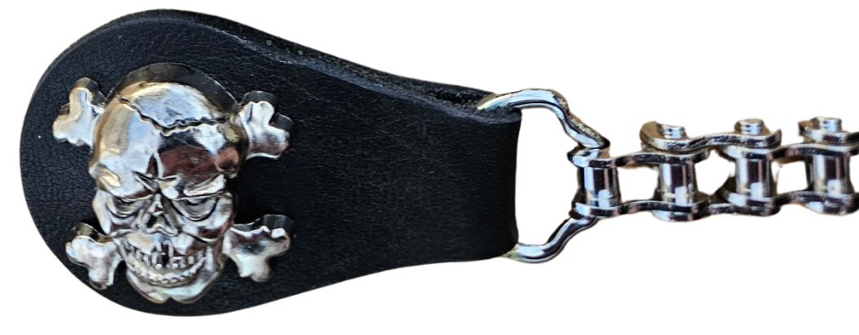 BUY 2 or more and SAVE! We call these our TITAN vest chains because of the large size conchos that are approximately DOUBLE sized! The screwed on conchos attach to a leather connector with snaps that fit most all vest. The Bike Style Chain also makes these unique to the typical traditional vest chains we offer. Ride on over to our Smyrna, TN store not far from Boswell&