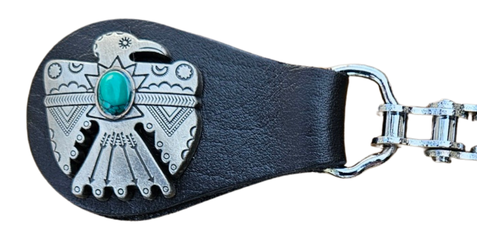 BUY 2 or more and SAVE! We call these our TITAN vest chains because of the large size conchos that are approximately DOUBLE sized! The screwed on conchos attach to a leather connector with snaps that fit most all vest. The Bike Style Chain also makes these unique to the typical traditional vest chains we offer. Ride on over to our Smyrna, TN store not far from Boswell&
