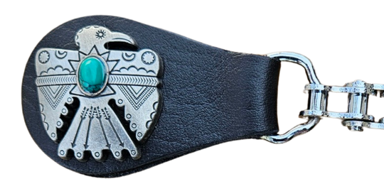 BUY 2 or more and SAVE! We call these our TITAN vest chains because of the large size conchos that are approximately DOUBLE sized! The screwed on conchos attach to a leather connector with snaps that fit most all vest. The Bike Style Chain also makes these unique to the typical traditional vest chains we offer. Ride on over to our Smyrna, TN store not far from Boswell&