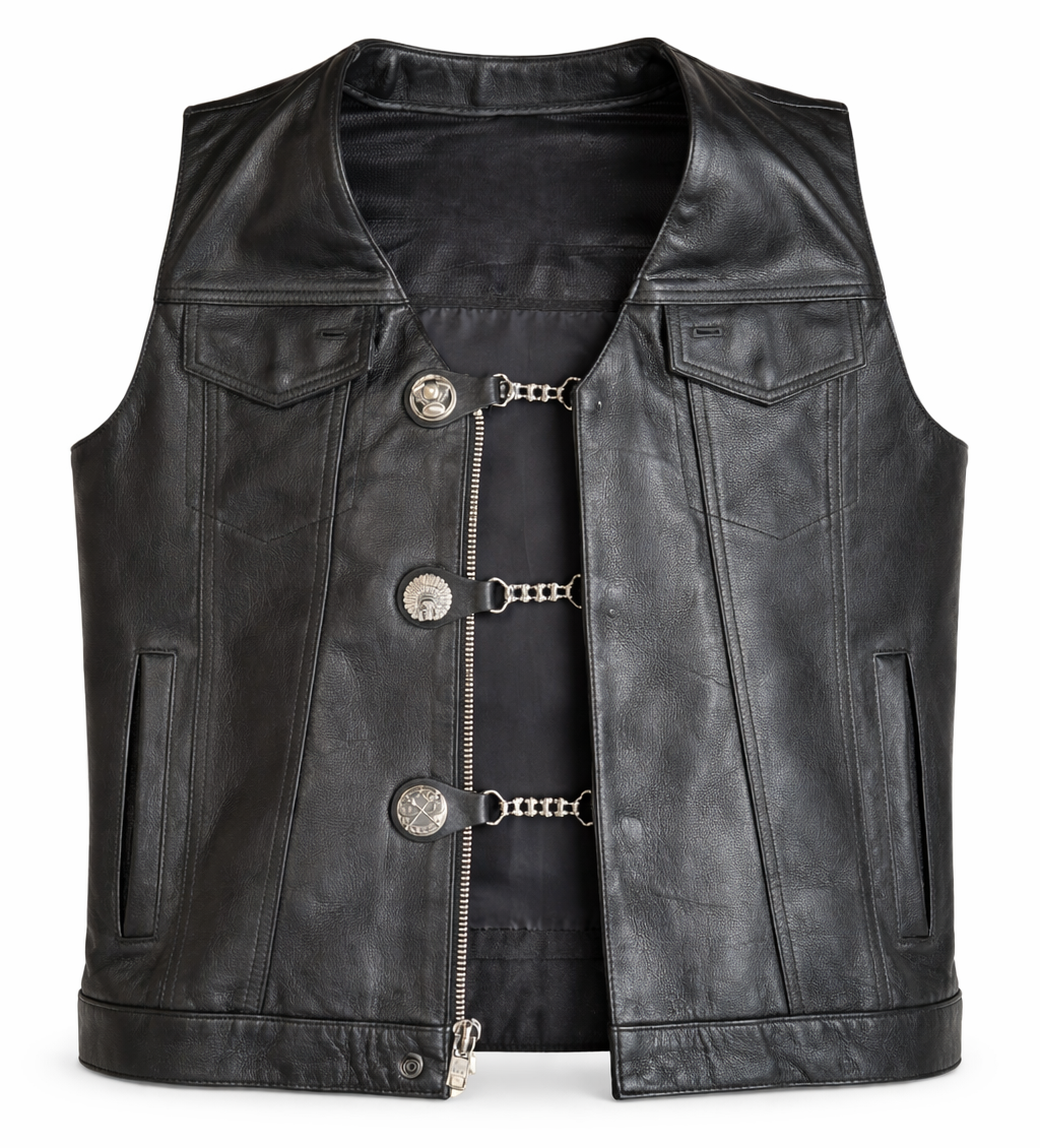 BUY 2 or more and SAVE! We call these our TITAN vest chains because of the large size conchos that are approximately DOUBLE sized! The screwed on conchos attach to a leather connector with snaps that fit most all vest. The Bike Style Chain also makes these unique to the typical traditional vest chains we offer. Ride on over to our Smyrna, TN store not far from Boswell&