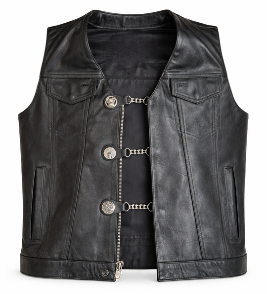 BUY 2 or more and SAVE! We call these our TITAN vest chains because of the large size conchos that are approximately DOUBLE sized! The screwed on conchos attach to a leather connector with snaps that fit most all vest. The Bike Style Chain also makes these unique to the typical traditional vest chains we offer. Ride on over to our Smyrna, TN store not far from Boswell&