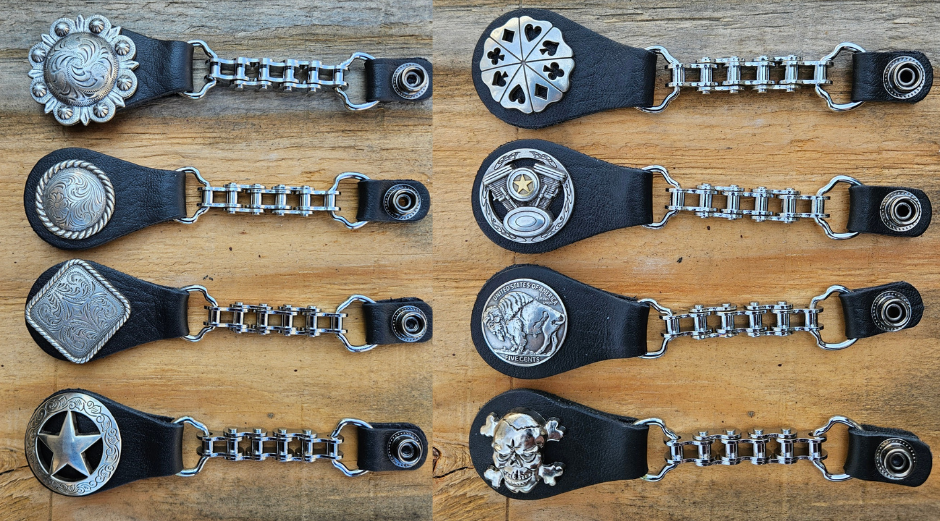 BUY 2 or more and SAVE! We call these our TITAN vest chains because of the large size conchos that are approximately DOUBLE sized! The screwed on conchos attach to a leather connector with snaps that fit most all vest. The Bike Style Chain also makes these unique to the typical traditional vest chains we offer. Ride on over to our Smyrna, TN store not far from Boswell&