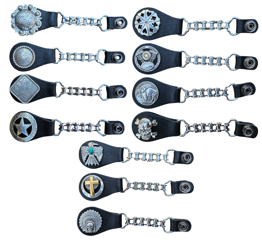 BUY 2 or more and SAVE! We call these our TITAN vest chains because of the large size conchos that are approximately DOUBLE sized! The screwed on conchos attach to a leather connector with snaps that fit most all vest. The Bike Style Chain also makes these unique to the typical traditional vest chains we offer. Ride on over to our Smyrna, TN store not far from Boswell's in Nashville.

11 styles to choose from.