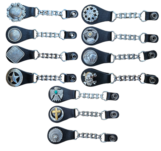 BUY 2 or more and SAVE! We call these our TITAN vest chains because of the large size conchos that are approximately DOUBLE sized! The screwed on conchos attach to a leather connector with snaps that fit most all vest. The Bike Style Chain also makes these unique to the typical traditional vest chains we offer. Ride on over to our Smyrna, TN store not far from Boswell&
