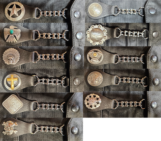 BUY 2 or more and SAVE! We call these our TITAN vest chains because of the large size conchos that are approximately DOUBLE sized! The screwed on conchos attach to a leather connector with snaps that fit most all vest. The Bike Style Chain also makes these unique to the typical traditional vest chains we offer. Ride on over to our Smyrna, TN store not far from Boswell&
