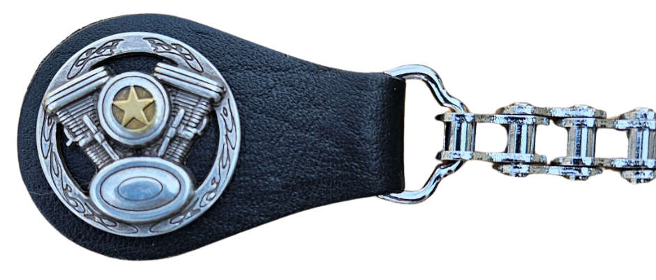 BUY 2 or more and SAVE! We call these our TITAN vest chains because of the large size conchos that are approximately DOUBLE sized! The screwed on conchos attach to a leather connector with snaps that fit most all vest. The Bike Style Chain also makes these unique to the typical traditional vest chains we offer. Ride on over to our Smyrna, TN store not far from Boswell&