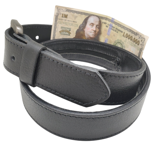 Great for the world Traveler! Hide your important Docs, Cash in the hidden Zippered underside pocket. This soft Buffalo Leather belt will feel good on those long trips. Antique Silver colored buckle that is snapped in for easy removal. Stocked just outside of Nashville in our Smyrna, TN shop. Please see the sizing instructions.