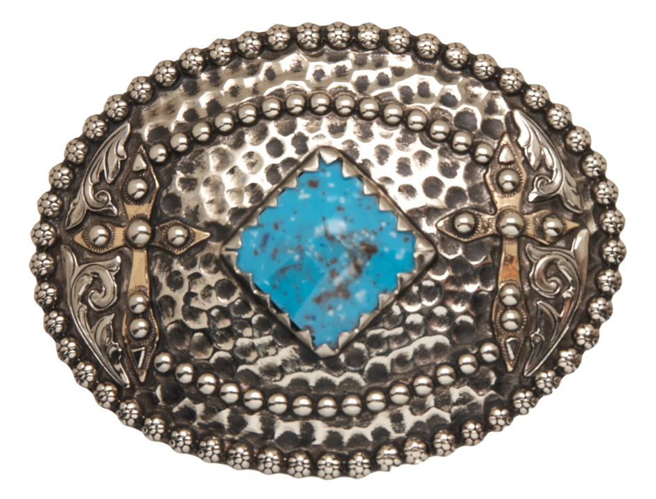 Tubal-Cain was the original master behind crafting all your favorite bronze and iron tools. This buckle features a hammered backdrop dotted with rosettes, framed by a beaded metal edge, and sports a diamond-shaped turquoise centerpiece. Each end is decorated with a western scroll and a cross. Measuring about 3"x4", it suits belts up to 1 3/4" wide. Swing by our Smyrna, TN shop to grab yours!