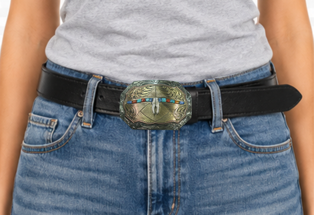 The Tumbleweed Belt Buckle has the ever classic Longhorn design accented with a multi colored stones. A Classic Western belt buckle at it's best! Made from German Silver and engraved and layered metals in a tri-color Western design. Available in our Smyrna, TN shop, a short distance from Nashville.

Dimensions: Width 4”, Height 2.7”
Standard 1.5” Swivel