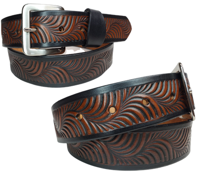 Named after it's swirly pattern it's crafted from full grain American vegetable tanned cowhide, this 1 1/2" belt boasts an antique nickle plated solid brass buckle and smooth, burnished painted edges. Name customization is available with a maximum of 10 letters. The buckle snaps in place for effortless changing if desired. Produced in our Smyrna, TN, USA shop. 
