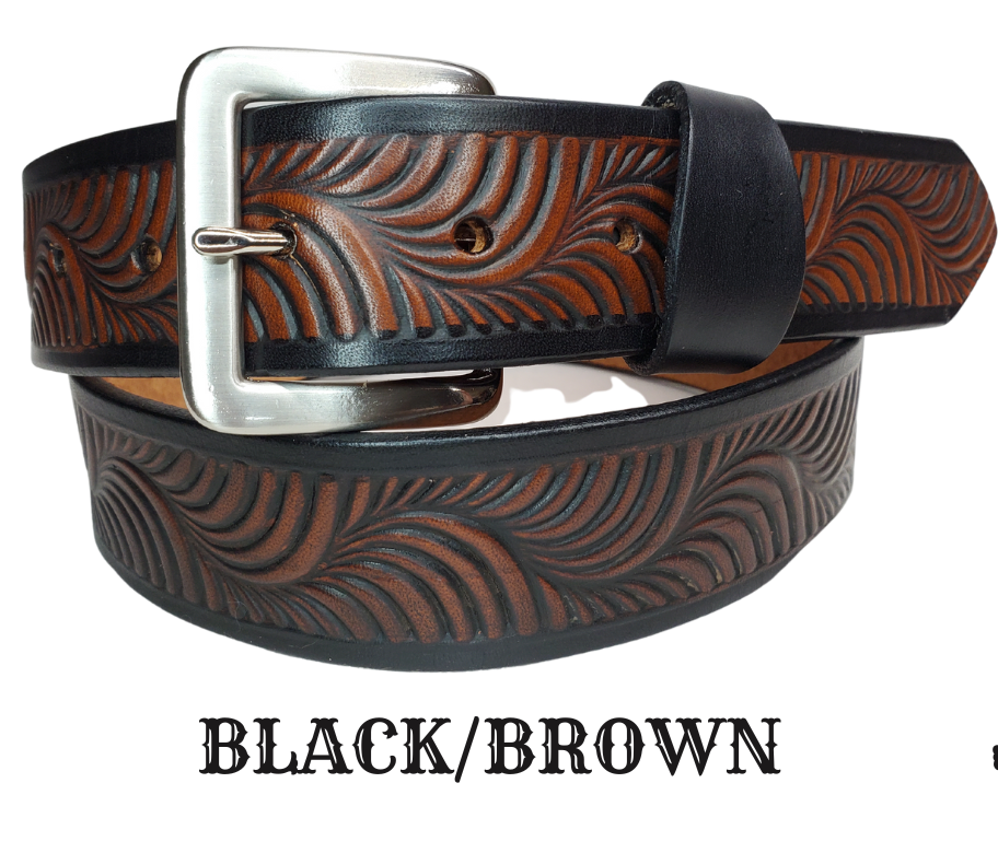 Named after it's swirly pattern it's crafted from full grain American vegetable tanned cowhide, this 1 1/2" belt boasts an antique nickle plated solid brass buckle and smooth, burnished painted edges. Name customization is available with a maximum of 10 letters. The buckle snaps in place for effortless changing if desired. Produced in our Smyrna, TN, USA shop. 