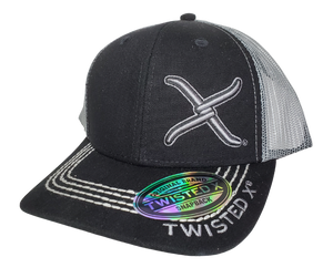 The western Twisted X boot brand mesh snapback trucker cap has the well known oversized "X" graphic on front on the left front in gray stitching. The Black and Gray cap also has 4 rows of white contrast stitching on the bill and a adjustable strap to assist in helping this hat fit almost any size head. Come and and get it at our Smyrna, TN shop a short ride outside Nashville.  COLOR: BLACK/GRAY