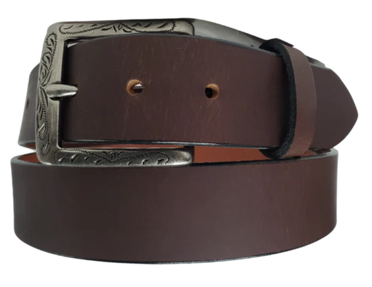 The Telluride named after a old mining town in Colorado. This full grain leather belt has a look that looks great dressed up or down. It has beveled, smooth black edges and is handmade in Smyrna, TN just outside Nashville. The Ornate scroll designed antique silver buckle is snapped in place. Our shop favorite, our customer favorite, this belt starts with a unique leather – water buffalo! After a short break-in period, this will be the most comfortable casual belt you will ever own.