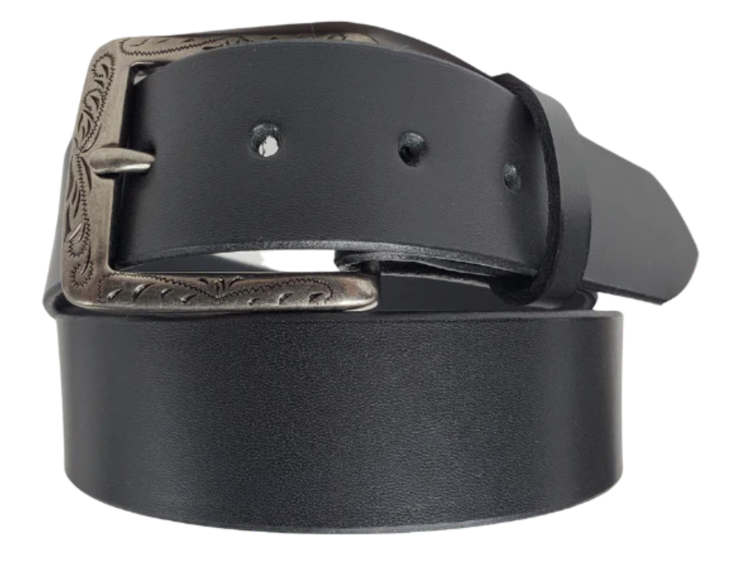 The Telluride named after a old mining town in Colorado. This full grain leather belt has a look that looks great dressed up or down. It has beveled, smooth black edges and is handmade in Smyrna, TN just outside Nashville. The Ornate scroll designed antique silver buckle is snapped in place. Our shop favorite, our customer favorite, this belt starts with a unique leather – water buffalo! After a short break-in period, this will be the most comfortable casual belt you will ever own.