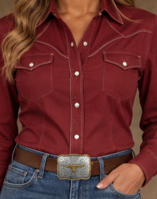 Bring iconic Western Texas Longhorn to your outfit with this classic belt buckle. Works with any leather snap-on belt from this site, or make your own for a custom look. Measurement: 3 1/8" x 2 3/8"; Fits 1 1/2" belts. Featuring a finish with antique-plated zinc with brass accented finish! Pick yours up at our Smyrna, TN shop a short Bull ride from downtown Nashville!