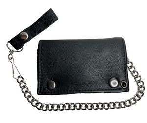 It's SOFT Cowhide LEATHER that's close to a standard tri-fold size! 3 card slots in the middle with a I.D. slot on the other side. 2 underneath slots, 1 larger cash slot for all your important stash. 1 zip pocket for coins. Complete with a 18" chrome plated chain (including leather belt loop). Standard long tri-fold size. Size is approx. 6 x 4" when snapped closed. Like most wallets over stuffing will limit the time of use. Imported