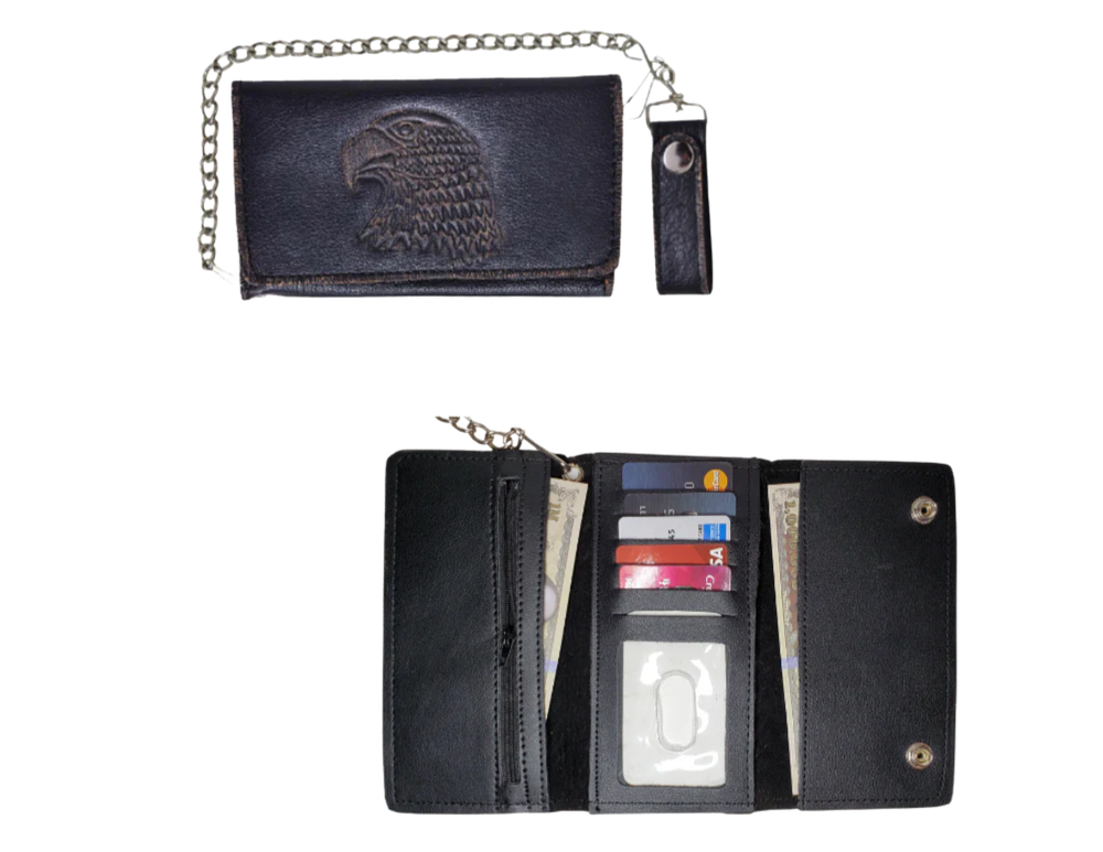 It's Cowhide LEATHER with a Eagle Head embossed that's slightly distressed brown! Popular Long Style Tri-fold Chain Wallet.  Nylon lined 6 card slots in the middle with a I.D. slot, 1 nylon lined zippered pocket, 3 underneath cash slots, for all your important stash. It's imported but it's Buckle and Hide approved. Complete with a 18" chrome plated chain (including leather belt loop. Standard long tri-fold size. Size is 7" x 3 1/2" when snapped closed.