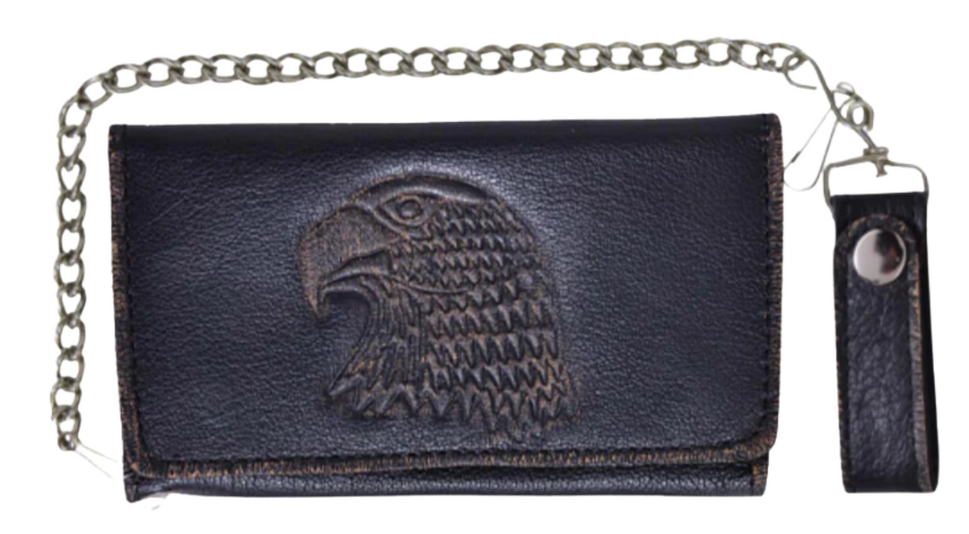It's Cowhide LEATHER with a Eagle Head embossed that's slightly distressed brown! Popular Long Style Tri-fold Chain Wallet.  Nylon lined 6 card slots in the middle with a I.D. slot, 1 nylon lined zippered pocket, 3 underneath cash slots, for all your important stash. It's imported but it's Buckle and Hide approved. Complete with a 18" chrome plated chain (including leather belt loop. Standard long tri-fold size. Size is 7" x 3 1/2" when snapped closed.
