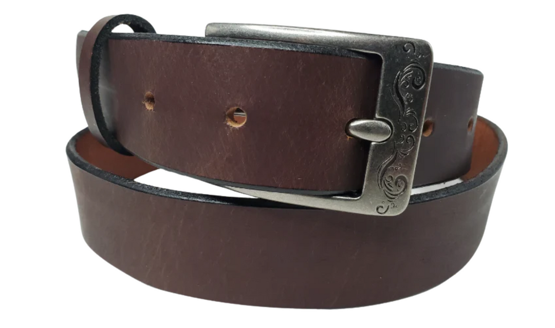 "The Central City" handmade, real leather belt is made in our Smyrna, TN shop just outside Nashville.  The process starts with cowhide, which is cut into strips. The removable antique silver colored buckle is attached with snaps, you may add your own or purchase a theme buckle to personalize the look.  Please see sizing instructions to make sure you have the desired fit. 