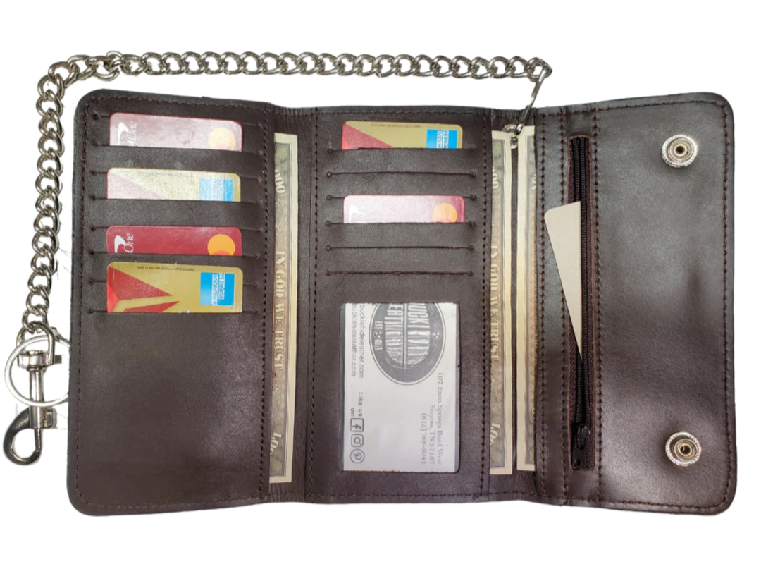 The "Charlie" is a popular Long Style Tri-fold Chain Wallet in a smooth chocolate brown. It&