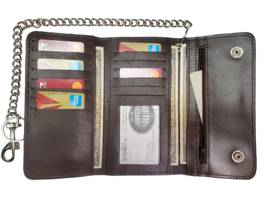 The "Charlie" is a popular Long Style Tri-fold Chain Wallet in a smooth chocolate brown. It&
