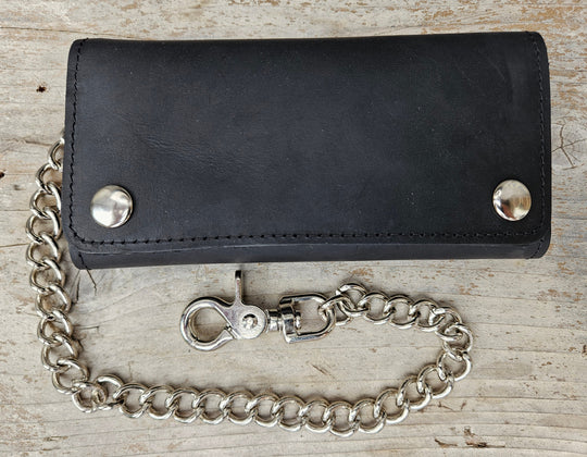The Cruiser" 13 Pocket Chain Wallet has cards for almost everything. It has 3 folding sections to hold cards, money, receipts, and more!

Simple Black Tri-Fold Biker Wallet
13 Card Slots
1 Clear ID slot
Inside pocket with zipper
Secure Snap Closure
7.00” x 3.75"
