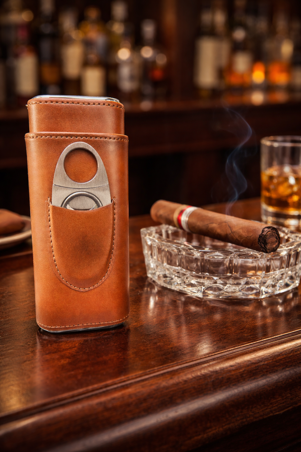 The Humidor Leather Cigar Case, with Cedar Wood Lining Cigar Humidor. Includes a Silver Stainless Steel Cutter Holding max length 6.5 inches and up to ring gauge 52 in. Perfect Gift For Husband ,Boy friend, Groomsmen, Boss, Father, Any Cigar Lovers Very suitable for gifts to friends, dads, grandpa and cigar smokers. Now stocked at our Smyrna, TN shop close to Murfreesboro.

Dimensions: 7 x 3.6 x 1.4
Easy carry for traveling