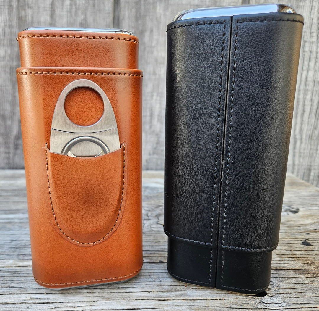 The Humidor Leather Cigar Case, with Cedar Wood Lining Cigar Humidor. Includes a Silver Stainless Steel Cutter Holding max length 6.5 inches and up to ring gauge 52 in. Perfect Gift For Husband ,Boy friend, Groomsmen, Boss, Father, Any Cigar Lovers Very suitable for gifts to friends, dads, grandpa and cigar smokers. Now stocked at our Smyrna, TN shop close to Murfreesboro.

Dimensions: 7 x 3.6 x 1.4
Easy carry for traveling