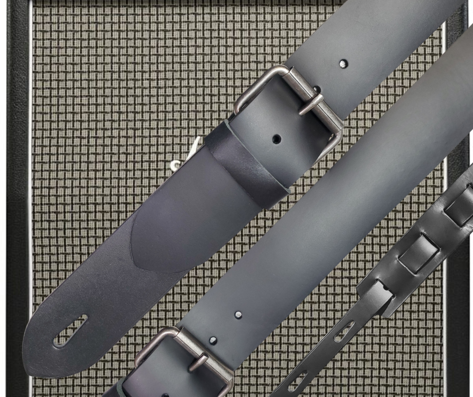 Bang you head with the Thrasher Leather Strap. The 2" width will support your Les Paul or your Strat with ease while your Rockin' out! Not a wimpy thin strap like at GC. This Strap is approx. 1/8" thick cowhide Leather with a heavy duty Roller style buckle. Made at our Smyrna, TN shop not far from the Basement or your favorite Rock hang!