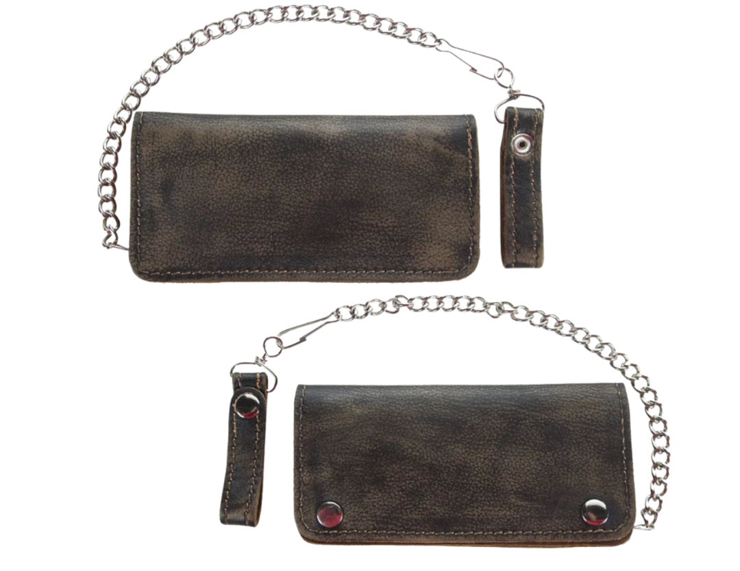 Soft Long Style Bi-fold Chain Wallet in Distressed brown. 2 Main Cash Slots for all your important stash, 1 zipper pocket, and card slots. A little over 7" in length. 2 snap closure. Complete with a 18" chrome plated chain including leather belt loop. Like most wallets over stuffing will limit the time of use. It&