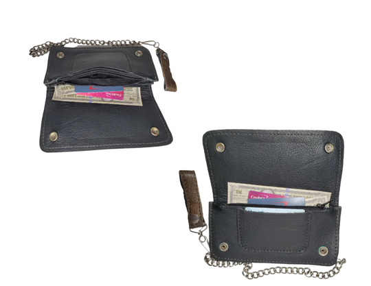 Soft Long Style Bi-fold Chain Wallet in Distressed brown. 2 Main Cash Slots for all your important stash, 1 zipper pocket, and card slots. A little over 7" in length. 2 snap closure. Complete with a 18" chrome plated chain including leather belt loop. Like most wallets over stuffing will limit the time of use. It&