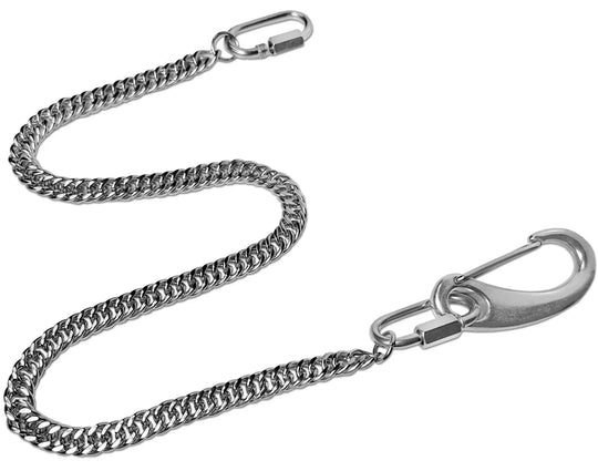 The Long Haul Wallet Chain attaches to your wallet to your jeans with a strong Stainless Steel chain. This chain is approx. 3/8" flat Cuban style link and and about 26" in length with sturdy claw and ends oval ends that loosen for easy attachment.