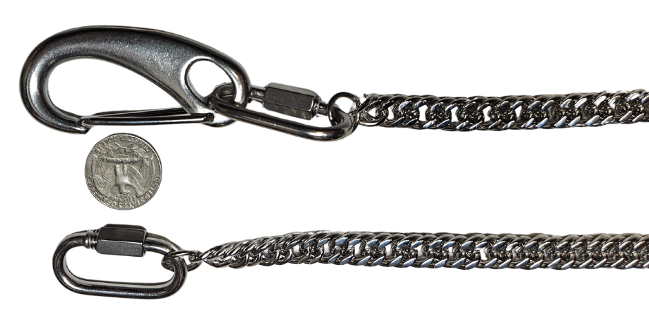 The Long Haul Wallet Chain attaches to your wallet to your jeans with a strong Stainless Steel chain. This chain is approx. 3/8" flat Cuban style link and and about 26" in length with sturdy claw and ends oval ends that loosen for easy attachment.