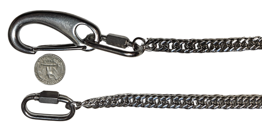 The Long Haul Wallet Chain attaches to your wallet to your jeans with a strong Stainless Steel chain. This chain is approx. 3/8" flat Cuban style link and and about 26" in length with sturdy claw and ends oval ends that loosen for easy attachment.